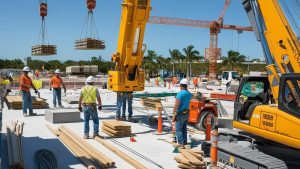 Construction site in Boca Raton, Florida featuring cranes, heavy machinery, and workers in safety vests managing materials under a sunny sky with palm trees in the background.