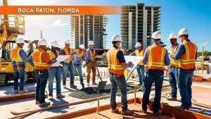 Team of construction workers in Boca Raton, Florida reviewing blueprints at a bustling construction site with high-rise buildings under development.