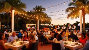 Outdoor dining scene in Boca Raton, Florida, featuring a festive ambiance with string lights, live music, and a crowd enjoying food and drinks under palm trees at sunset.