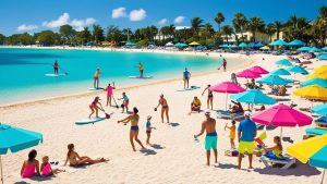 Families and friends enjoying paddleboarding, games, and relaxation on a sunny beach in Boynton Beach, Florida, with colorful umbrellas and turquoise water.