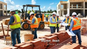 A construction team in Boynton Beach, Florida, wearing safety vests and helmets, reviewing building plans on-site with equipment and structures in the background.