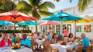 Lively outdoor dining scene in Boynton Beach, Florida, showcasing vibrant umbrellas, smiling diners, and a sunny, tropical atmosphere with palm trees.