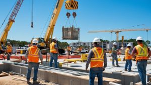 Construction workers in safety gear managing heavy machinery at an active construction site in Bradenton, Florida, highlighting infrastructure development and teamwork.