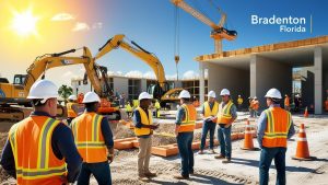 Group of construction workers and engineers wearing safety vests and helmets, discussing plans at a Bradenton, Florida construction site during a sunny day.