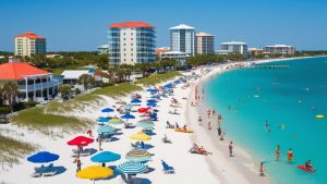 Tourists enjoying the vibrant sandy beach and clear waters in Bradenton, Florida, with colorful umbrellas and modern beachfront buildings in the background.