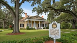 The historic Gamble Plantation in Bradenton, Florida, featuring a well-preserved antebellum mansion surrounded by majestic oak trees and a historical marker.