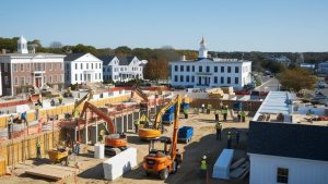 Group of construction workers in safety vests and hard hats at a project site in Bristol, Connecticut, with classic New England-style architecture in the backdrop.