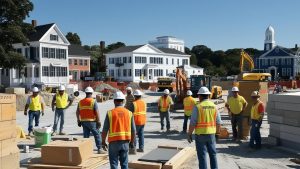 Construction site in Bristol, Connecticut, featuring workers, heavy equipment, and historic-style buildings in the background, showcasing local infrastructure development.