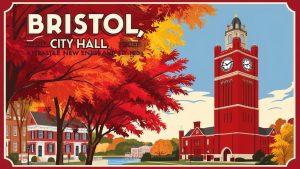 Illustration of Bristol City Hall during autumn, surrounded by vibrant red and orange foliage, representing New England's iconic seasonal beauty.