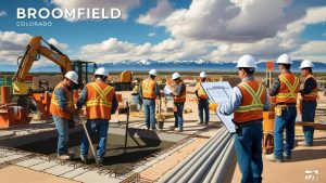 Contractors in high-visibility safety vests reviewing blueprints at a construction site in Broomfield, Colorado, with mountains in the background.