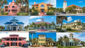 A collage of iconic and colorful historic buildings in Cape Coral, Florida, highlighting the city’s vibrant architectural heritage and sunny weather.