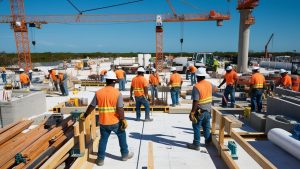 A busy construction site in Cape Coral, Florida, featuring workers in orange safety vests and hard hats, with cranes in the background against a clear blue sky.