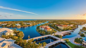 A stunning aerial view of Cape Coral, Florida, showcasing waterfront homes, palm trees, and a serene canal with a bridge at sunset.