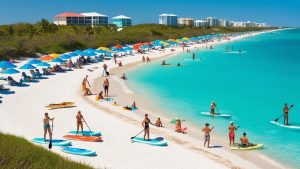 Tourists enjoying Clearwater Beach, Florida, with colorful umbrellas, paddleboarders on turquoise waters, and luxury condominiums visible in the distance.