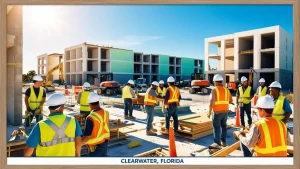 Construction workers on a large-scale waterfront development site in Clearwater, Florida, with cranes and heavy machinery in operation under a bright blue sky.