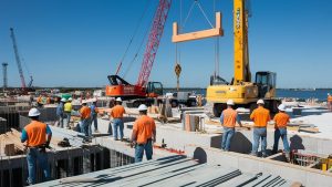 Group of construction workers wearing safety vests and helmets at an active construction site in Clearwater, Florida, with modern residential buildings under development in the background.