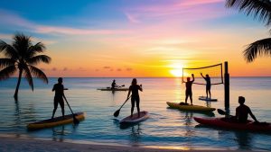 Silhouettes of people paddleboarding and playing volleyball during a picturesque sunset on the beaches of Clearwater, Florida, with calm waters and palm trees framing the scene.