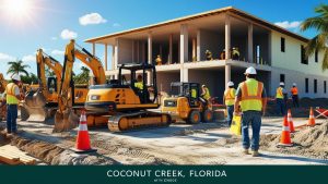 A vibrant construction site in Coconut Creek, Florida, featuring workers operating excavators and loaders near a developing residential building under a sunny sky.