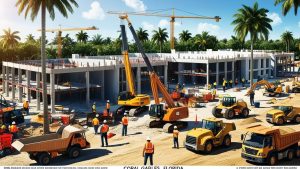 A vibrant construction site in Coral Gables, Florida, with cranes, heavy machinery, and workers assembling a modern building surrounded by palm trees.