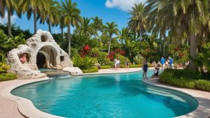 The iconic Venetian Pool in Coral Gables, Florida, featuring lush greenery, tropical plants, and visitors enjoying the serene atmosphere of the historic swimming destination.