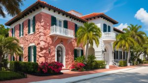 A beautifully restored Mediterranean-style home in Coral Gables, Florida, showcasing vibrant pink stucco, white accents, and palm trees lining the sidewalk.