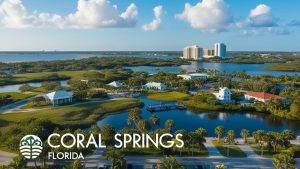 A panoramic view of Coral Springs, Florida, showcasing lush greenery, waterways, and modern buildings under a bright, sunny sky with puffy white clouds.