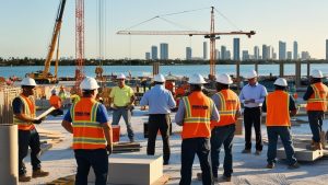 Construction team wearing safety gear at a large worksite near the waterfront in Coral Springs, Florida, with cranes and city skyline in the background.