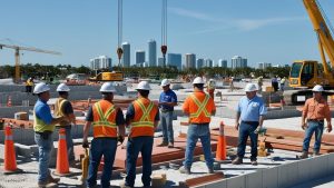 Group of construction professionals in high-visibility vests and hard hats discussing a project at an active worksite in Coral Springs, Florida, with urban skyscrapers in the distance.