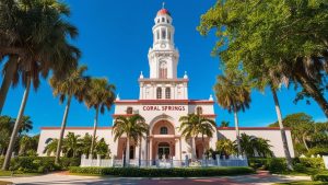 The iconic Coral Springs City Hall with a white tower surrounded by palm trees and clear blue skies, symbolizing the city's cultural heritage and beauty.