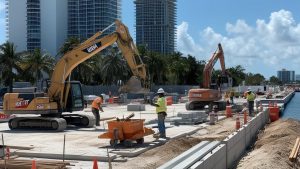 Construction site in Cutler Bay, Florida, featuring excavators, workers in safety vests, and high-rise buildings in the background, showcasing ongoing infrastructure development.