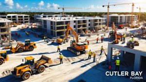 A large-scale construction project in Cutler Bay, Florida, with heavy machinery, cranes, and workers building modern multi-story residential or commercial buildings.