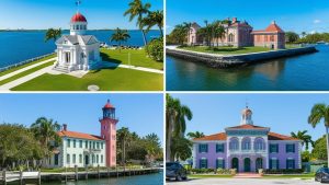 Scenic landmarks in Cutler Bay, Florida, including historic buildings, colorful lighthouses, waterfront views, and lush palm trees under a clear blue sky.