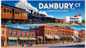 Historic attractions in Danbury, Connecticut, featuring the Danbury Railway Museum and a picturesque downtown area with vintage-style buildings and a historic train.