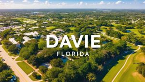 Aerial view of Davie, Florida, showing green parks, residential areas, and natural beauty, illustrating the town's serene environment and planned development.