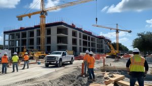 Construction workers at an active construction site in Davie, Florida, with cranes and equipment in the background, showcasing infrastructure development.