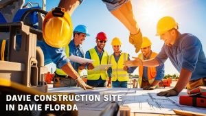 Team of construction professionals reviewing blueprints at a Davie, Florida, construction site, under sunny skies, highlighting collaboration and planning.