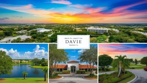 A scenic collage of Davie, Florida, featuring local architecture, lush green landscapes, and a vibrant sunset, emphasizing the area's community and growth.