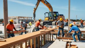 A busy construction site in Deerfield Beach, Florida, featuring workers in orange uniforms building a large structure with heavy machinery like excavators and cranes in the background. The scene highlights teamwork and infrastructure development.