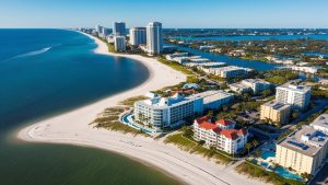 An aerial view of Deerfield Beach, Florida, showing a pristine coastline, luxury hotels, and residential areas near the ocean. The scene captures the balance of natural beauty and urban development.