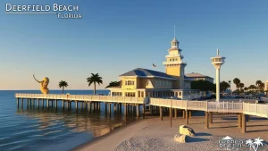 The Deerfield Beach pier at sunset, with its iconic yellow pavilion, palm trees, and calm ocean waves. The view emphasizes the city's coastal charm and architectural elegance.