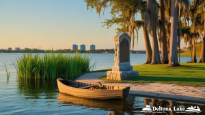 Peaceful lakeside scene in Deltona, Florida, featuring a wooden boat, a historic monument, and a backdrop of high-rise buildings and lush greenery.