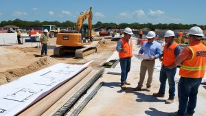 Construction workers and engineers collaborating on-site in Deltona, Florida, with heavy machinery, building plans, and ongoing excavation visible.