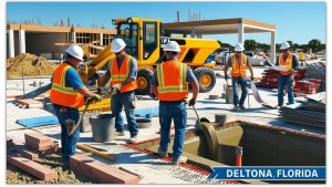 Team of construction workers in high-visibility vests operating heavy machinery and pouring concrete at a construction site in Deltona, Florida.