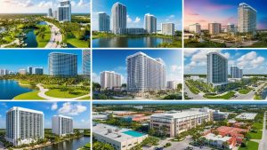 A collage of Doral, Florida’s cityscape, highlighting high-rise buildings, residential areas, and lush green spaces.