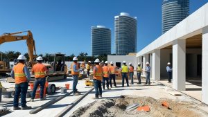 A team of construction workers in orange safety vests collaborating on a building project in Doral, Florida, with modern skyscrapers nearby.