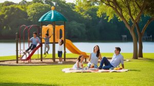 A family enjoying a sunny day at a park in Doral, Florida, featuring a playground and a scenic lakeside backdrop.