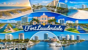 A colorful postcard-style collage showcasing Fort Lauderdale, Florida’s beaches, waterways, and architectural landmarks.