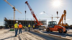 A dynamic Fort Lauderdale, Florida construction site with cranes, scaffolding, and workers building a multi-story structure under the sun.