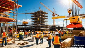 Construction workers in safety gear at a bustling Fort Lauderdale, Florida construction site with cranes and heavy machinery under a bright sunny sky.