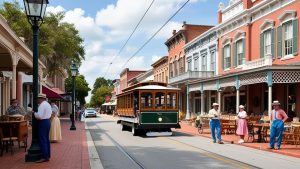 Charming downtown Gainesville, Florida, showcasing a vintage trolley, historic architecture, and visitors enjoying the vibrant street scene.